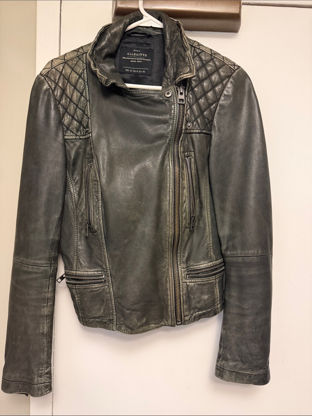 All Saints Black Wash Quilted Leather Biker Jacket